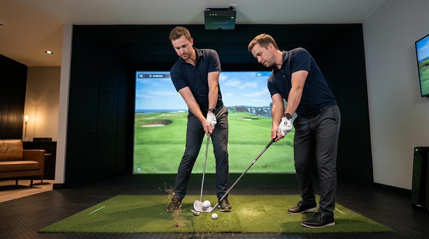 En moderne indendørs golfsimulator med TrackMan iO, slagmåtte, projektionsskærm og plads til flere spillere.