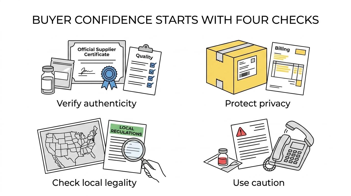 Simple visual with four labeled points for authenticity checks, side effects, discreet shipping, and legal compliance.