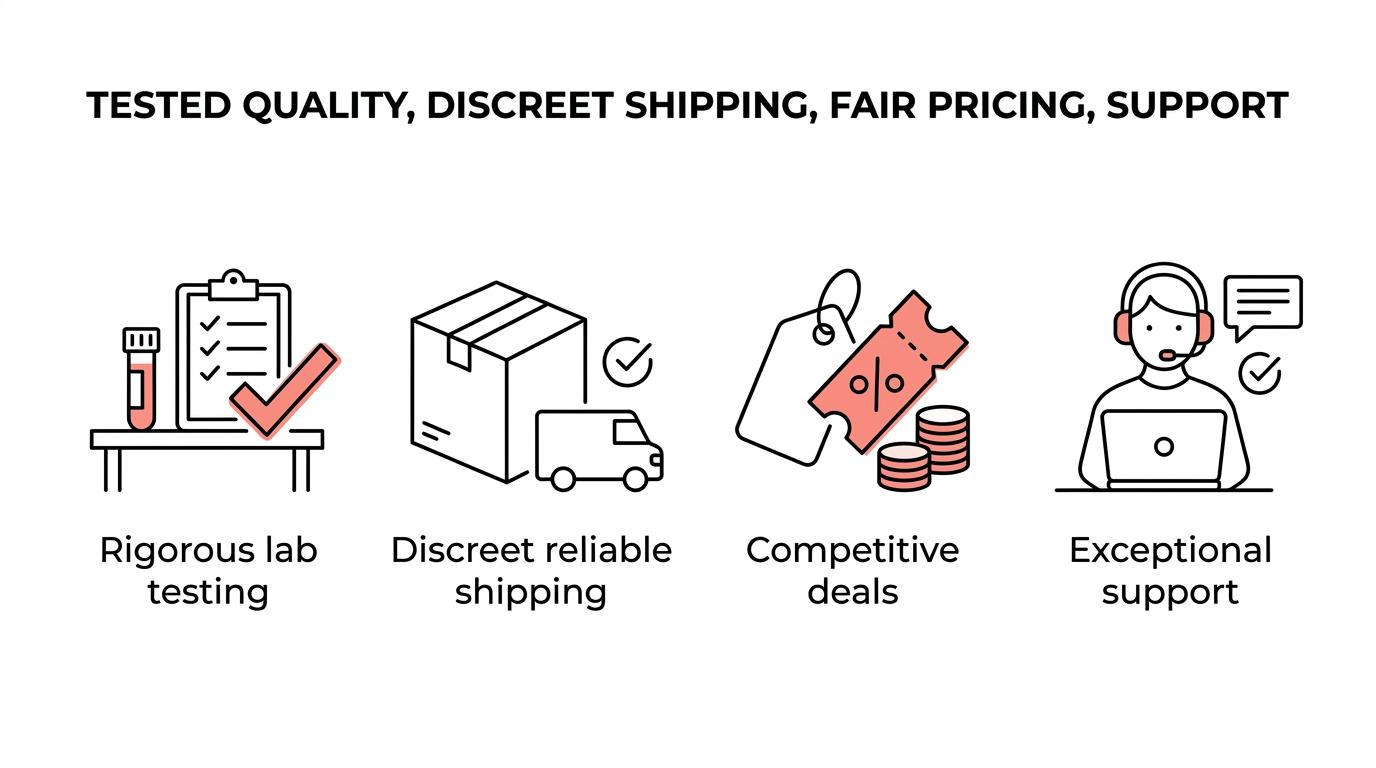 A grouped visual showing lab-tested quality, discreet shipping, exclusive deals, and customer support as key benefits.