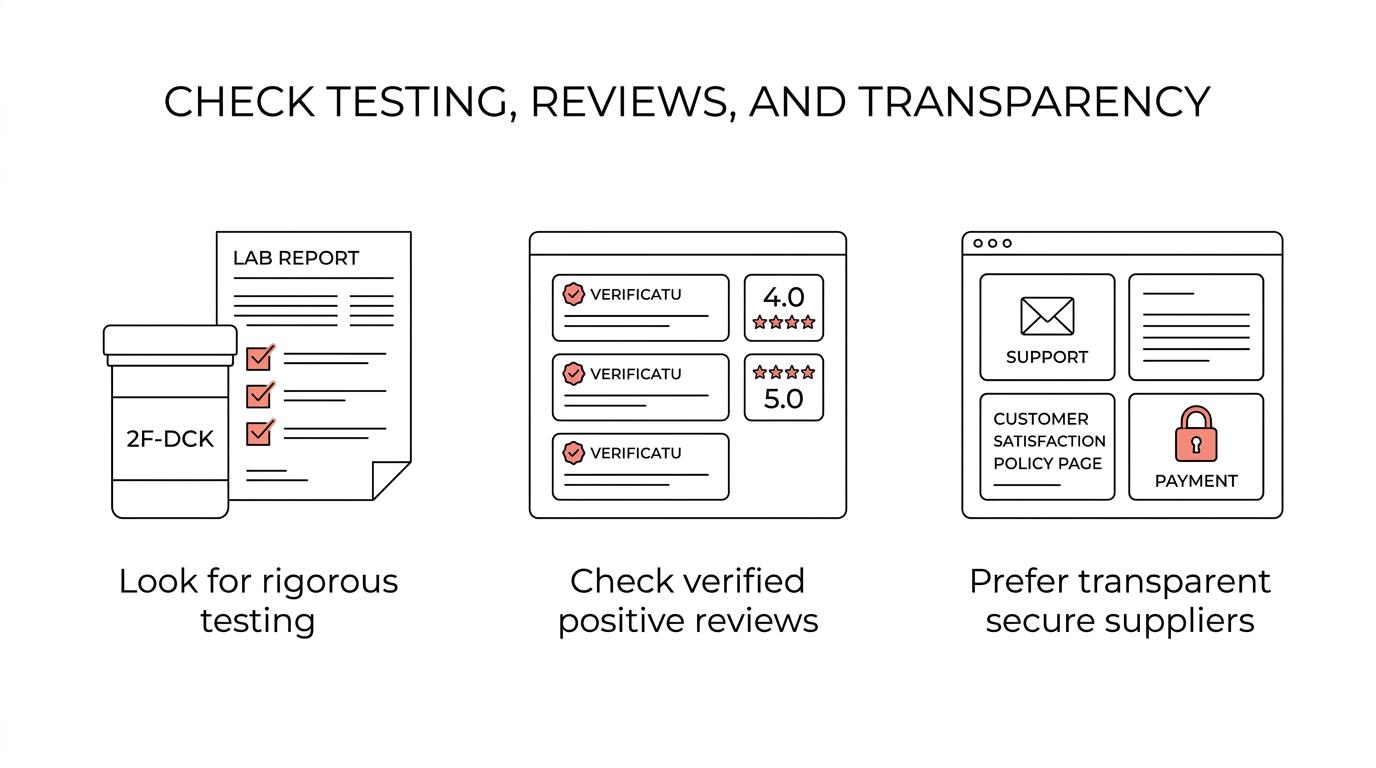 A visual summary of key factors for evaluating 2F-DCK online, including testing, reviews, supplier transparency, payment security, ethical standards, and safe-use research.