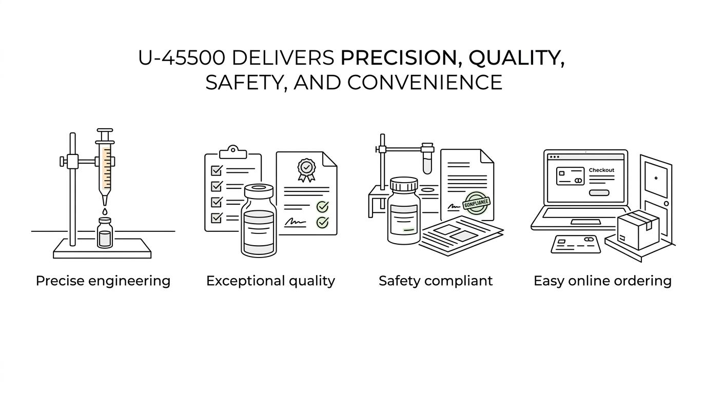 A labeled visual grouping the main claimed benefits of U-45500, including precision, quality, advanced formulation, safety compliance, and convenient acquisition.