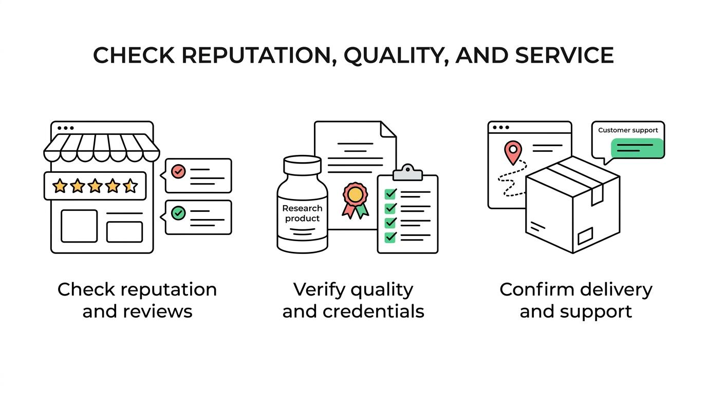 A visual grouping the main factors for evaluating an online 3-FPM supplier, including credibility, quality assurance, reviews, delivery, and customer service.