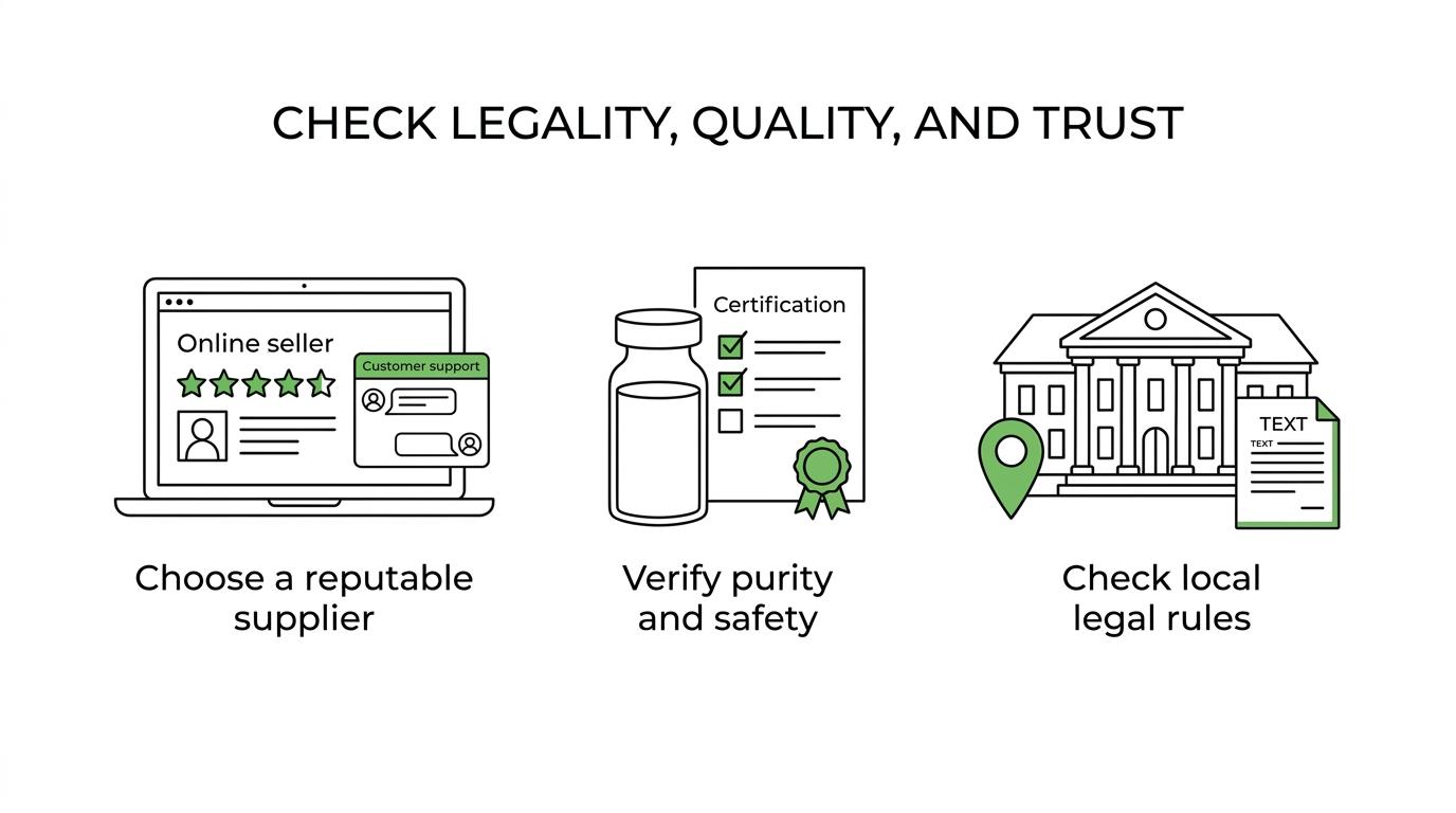 A simple grouped visual emphasizing legal, authenticity, and safety cautions around fentanyl analogue purchases.