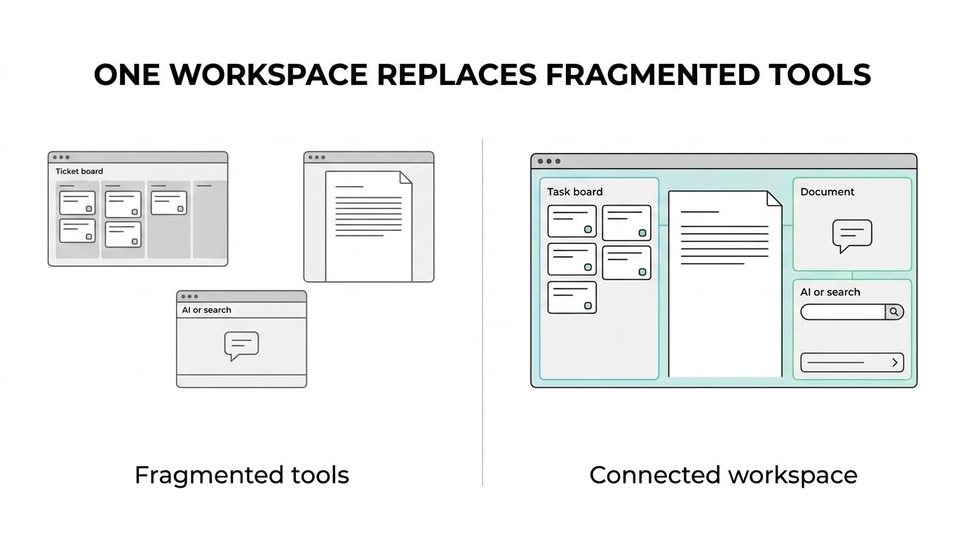 Side-by-side comparison of separate task, docs, and AI tools versus one unified TOW workspace connecting tickets, docs, decisions, and delivery.