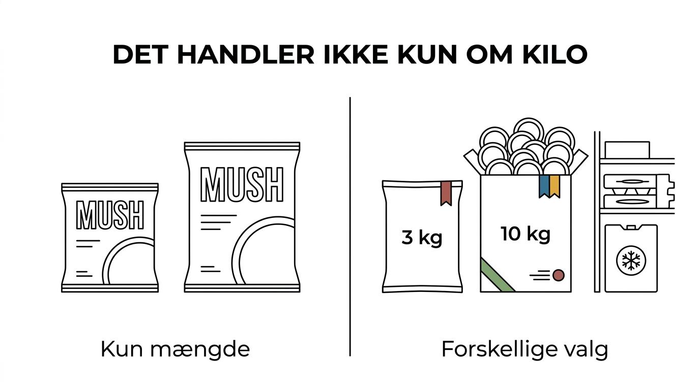 Side-by-side sammenligning af MUSH 3 kg og 10 kg med forskelle i variantudvalg, levering, fryserplads og portionsformat.