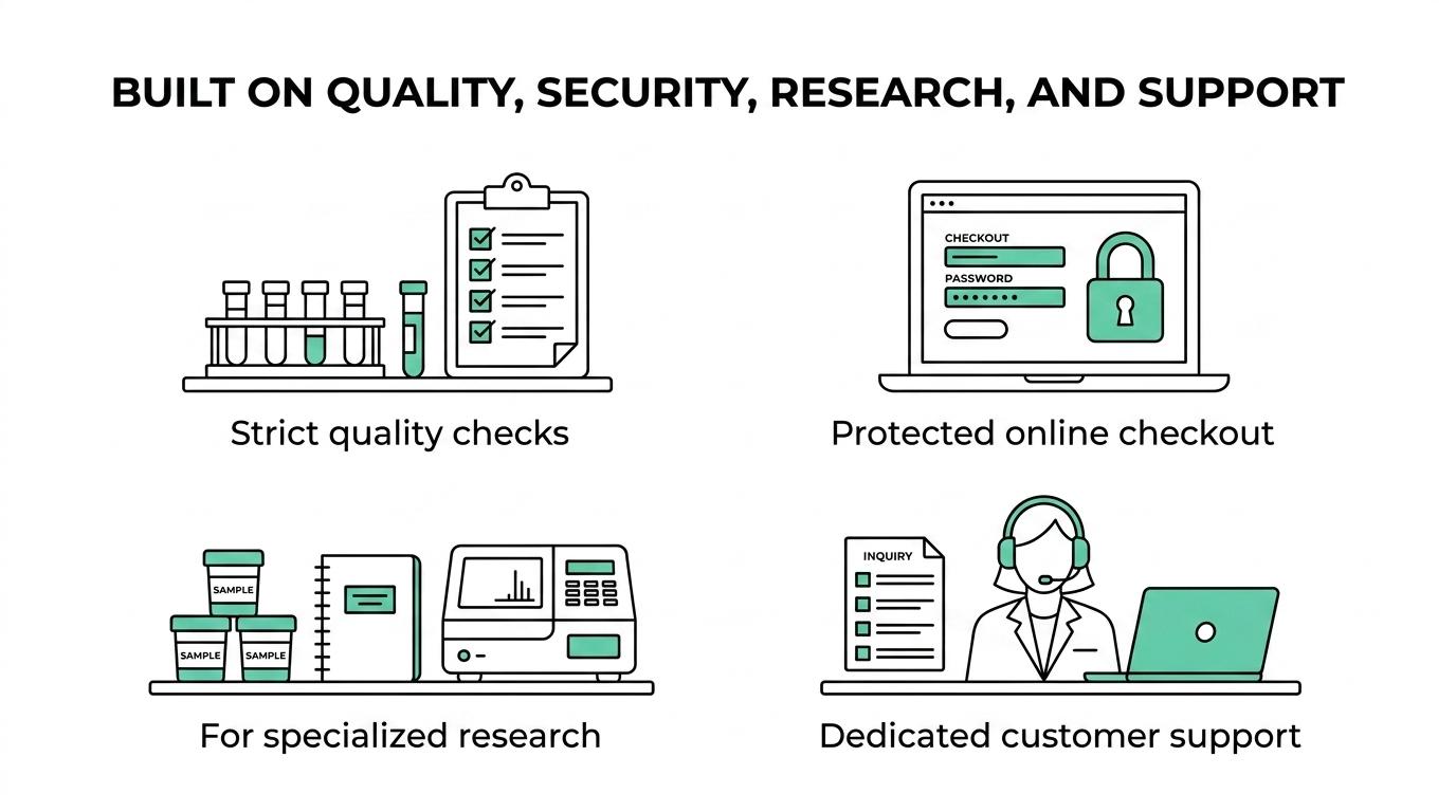 Icon-based visual showing four labeled points: quality assurance, secure online purchasing, research applications, and expert support.