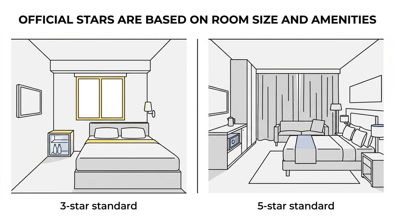 Side-by-side comparison of Kerala 3-star, 4-star, and 5-star hotel standards for room size, minibar, safe, blackout curtains, and water.