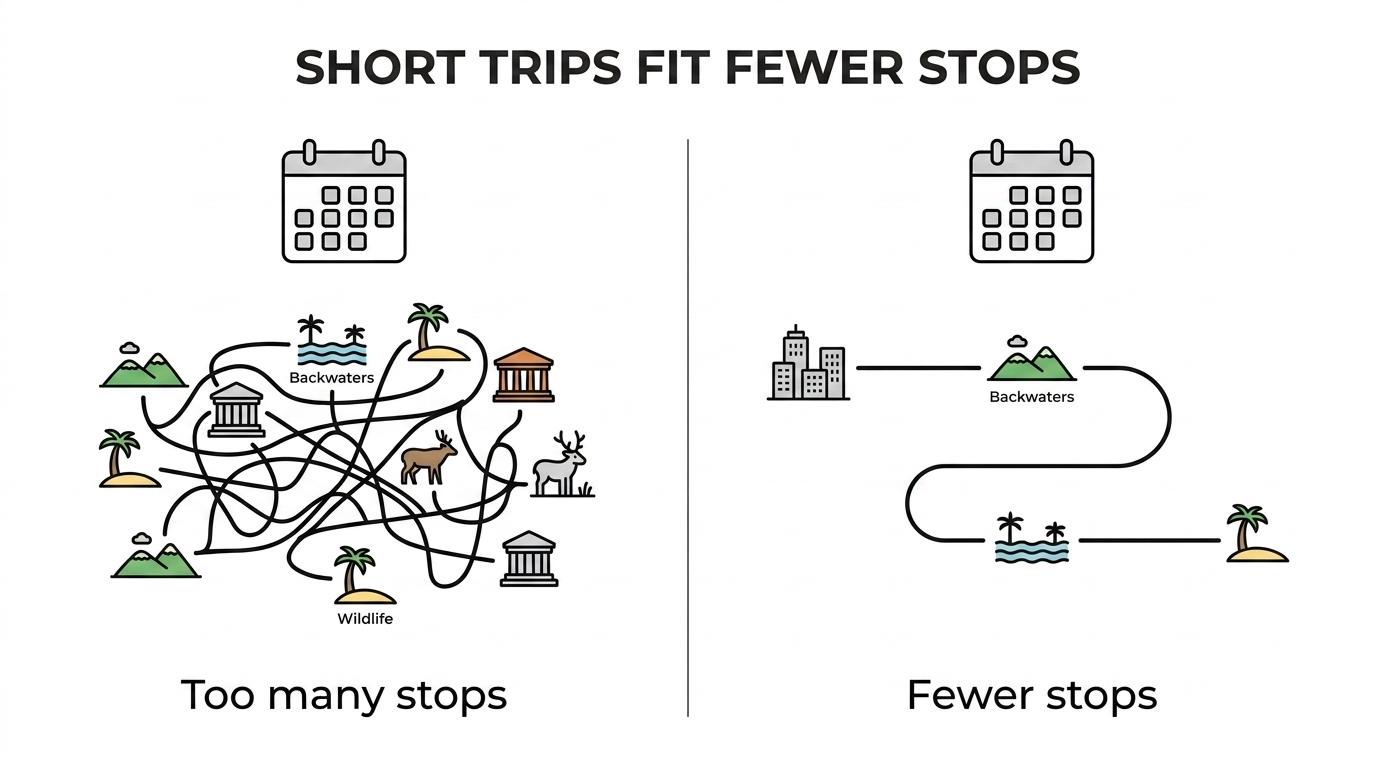 Side-by-side comparison of Kerala trip lengths showing what fits comfortably in shorter versus longer itineraries.