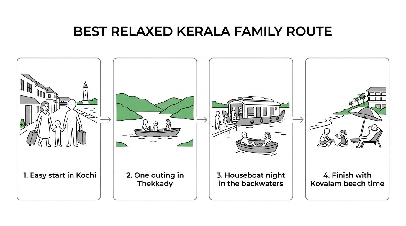 Illustrated journey showing a family-friendly Kerala route from Kochi to Thekkady, the backwaters, and Kovalam.