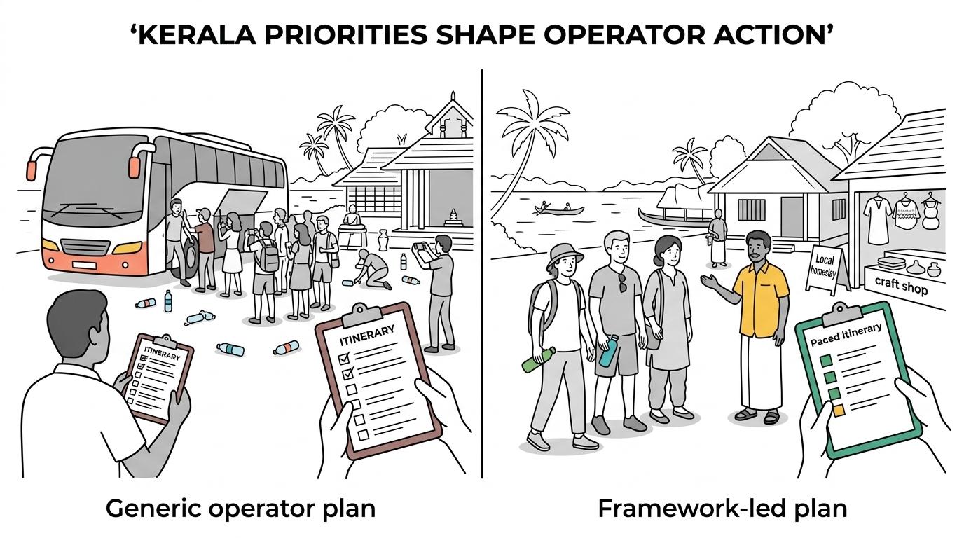Side-by-side comparison of Kerala responsible tourism priorities and matching tour operator commitments.