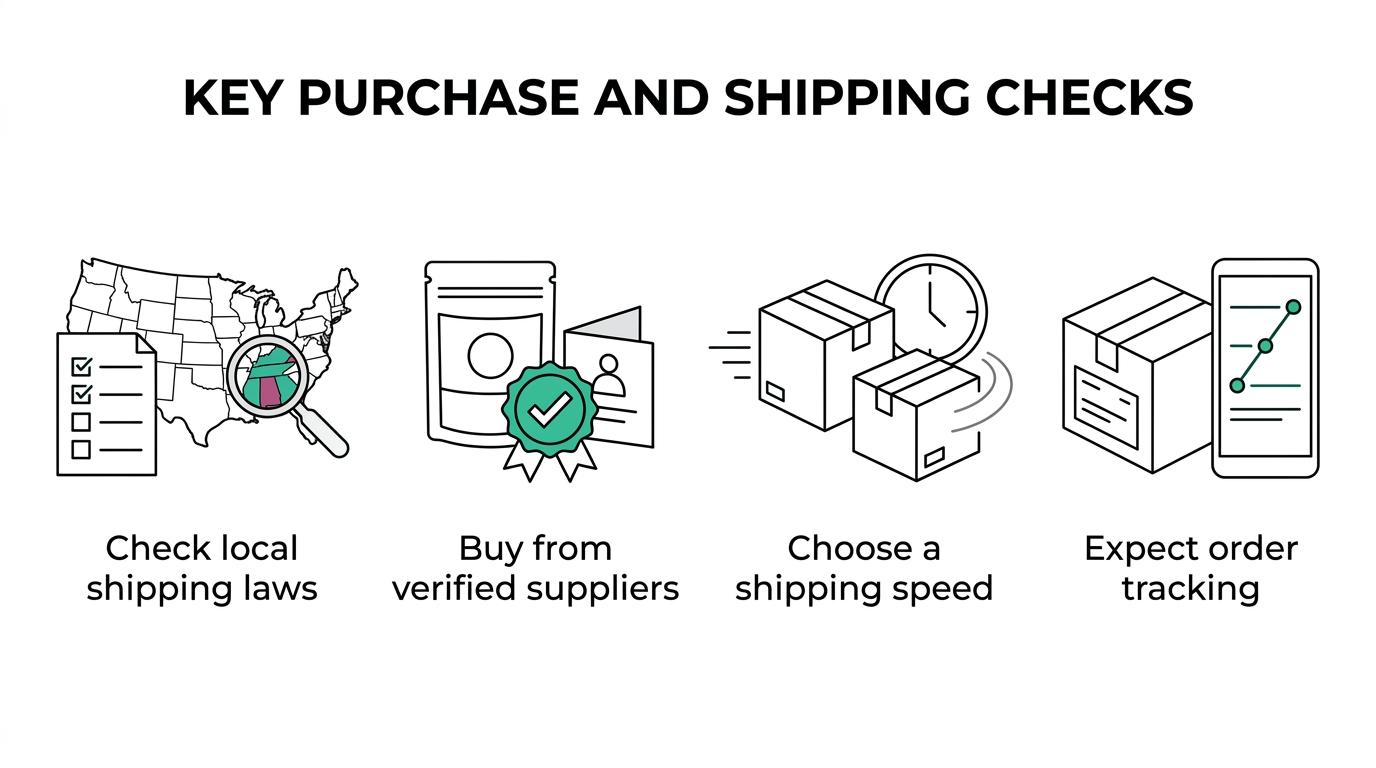 Infographic with four labeled sections for damaged product replacement, legal compliance, shipping time, and quality assurance.