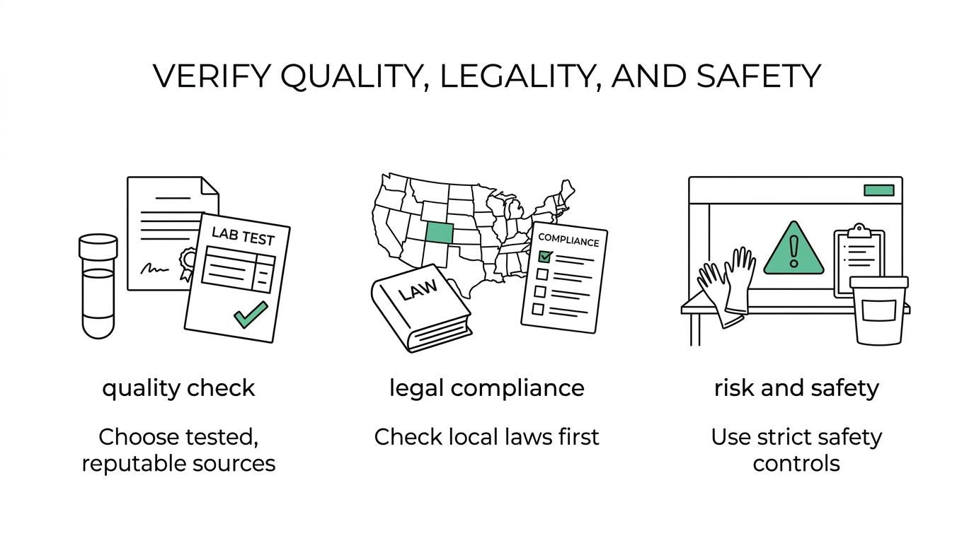 Four labeled panels showing quality verification, legal compliance, risk awareness, and research applications related to U-48800.