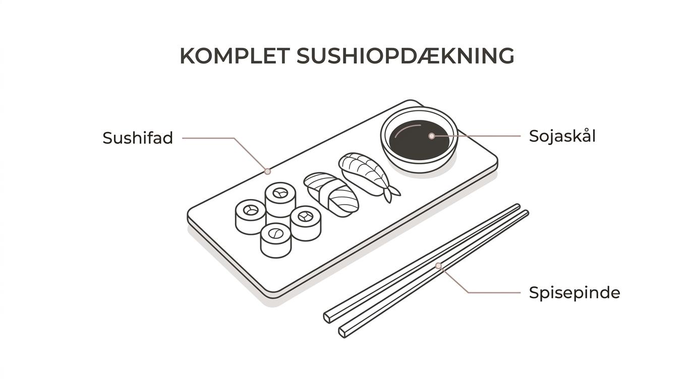 En komplet sushiopdækning med sushifad, sojaskål, spisepinde, spisepindeholder og små serveringsdele på et dækket bord.