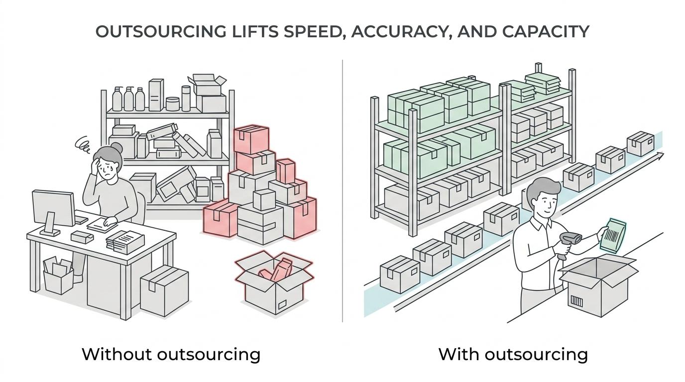 Side-by-side comparison of ecommerce fulfilment results before and after moving to a 3PL, highlighting order capacity, order accuracy, same-day dispatch, and return processing time.