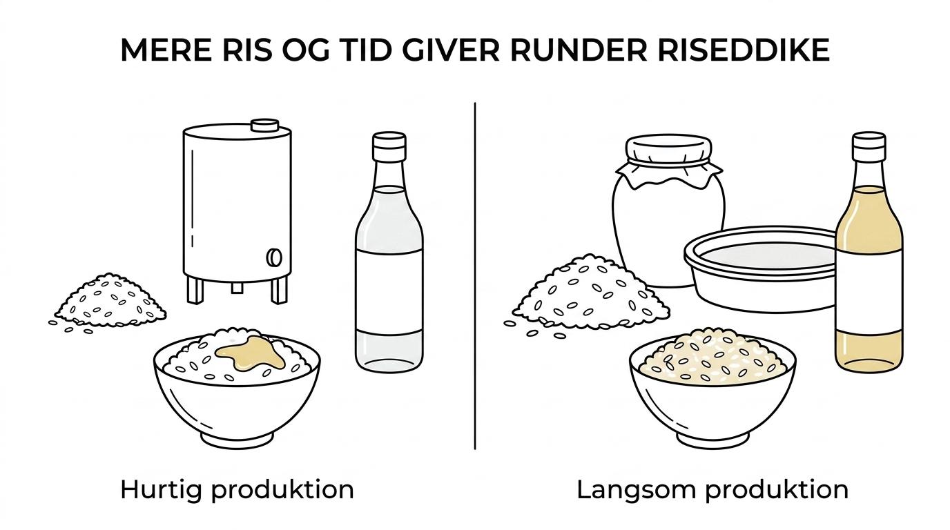 Sammenligning mellem lys, enkel riseddike og mørkere, mere lagret riseddike med forskelle i syre, aroma, fylde og eftersmag.