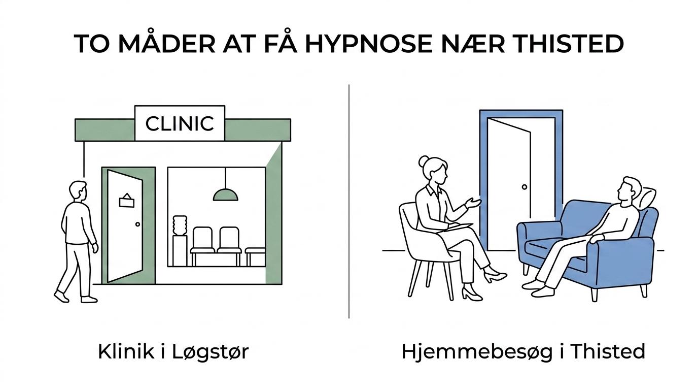 Sammenligning af hypnoseforløb i klinikken i Løgstør versus hjemmebesøg i Thisted-området med adresse, åbningstider og kilometertillæg.