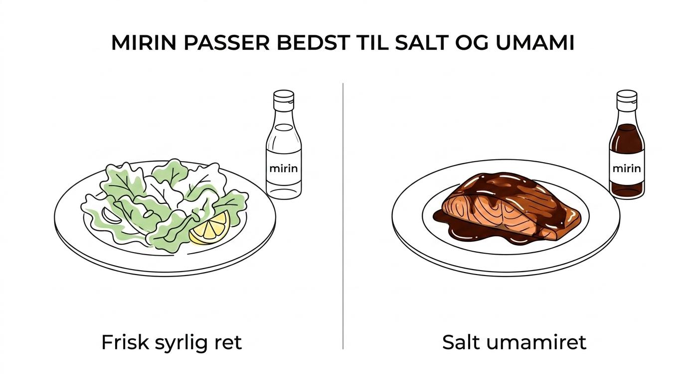 Sammenligning af retter, hvor mirin typisk fungerer godt, og retter hvor den ofte passer dårligere.