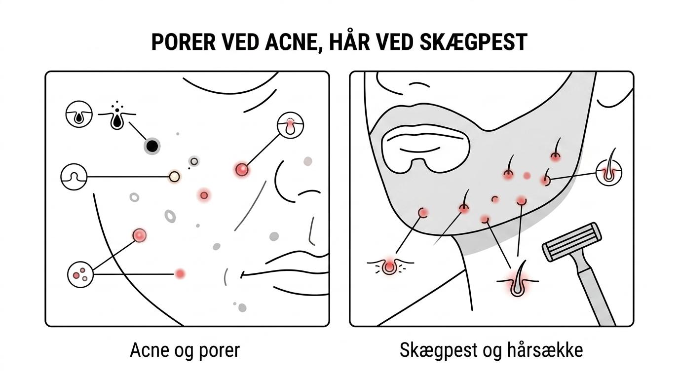 Side-om-side sammenligning af acne og skægpest i ansigtet med forskelle i porer, hårsække, placering og timing efter barbering.