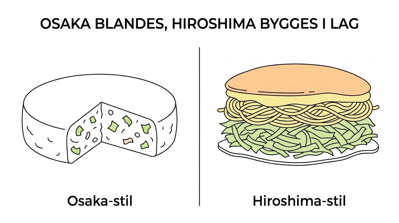Side om side visning af Osaka-okonomiyaki som en samlet tyk pandekage og Hiroshima-okonomiyaki bygget i lag med nudler og æg.
