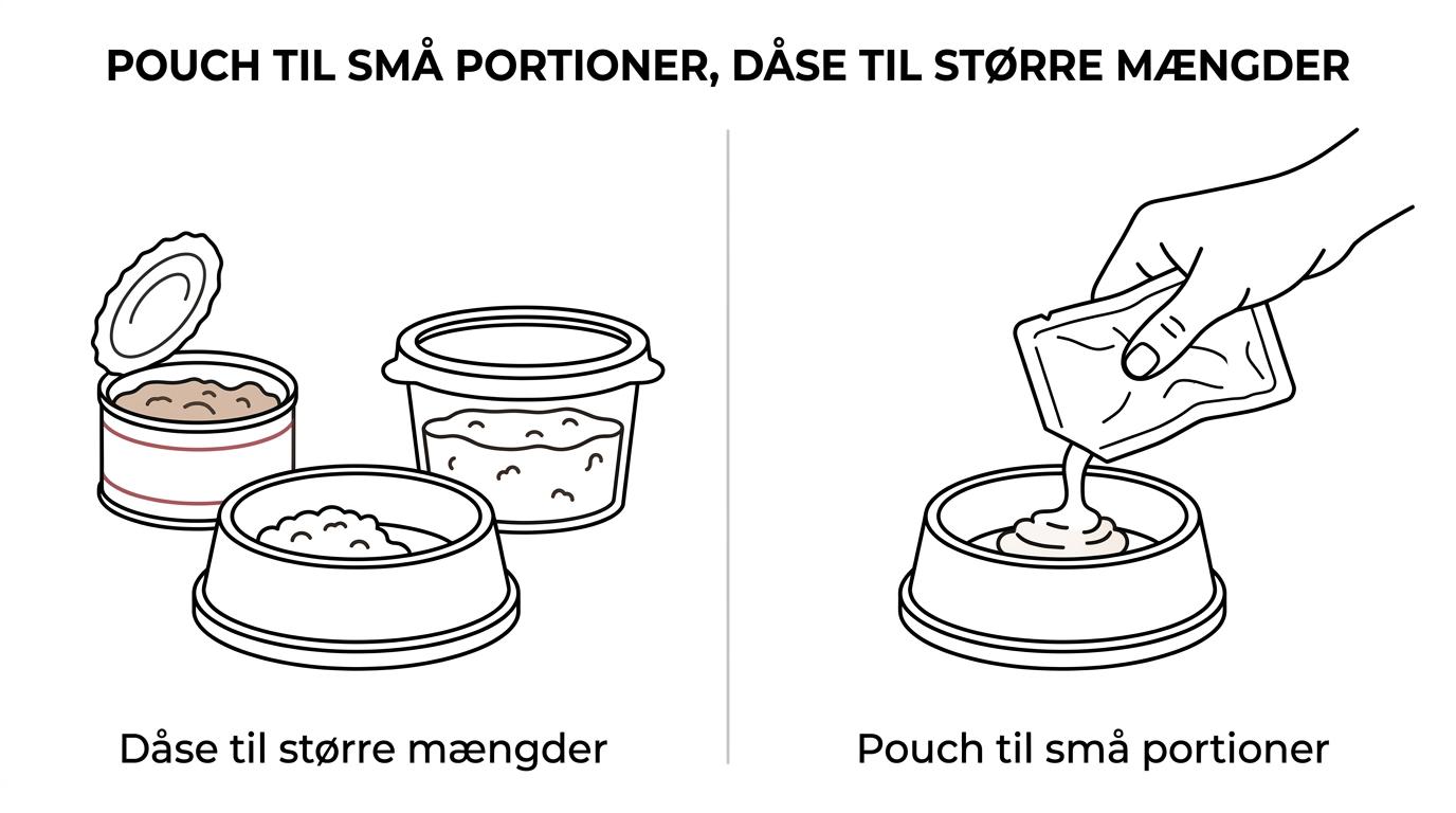Side-by-side sammenligning af kattevådfoder i pouch og dåse med forskelle i portioner, rester, opbevaring og daglig brug.