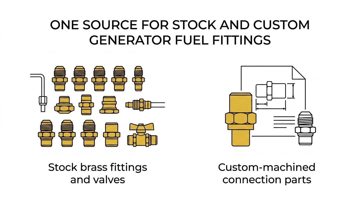 Graphic listing key generator fuel fitting supplier strengths: inverted flare vibration resistance, broad brass fitting catalog, standards-aware support, and custom-machined parts.