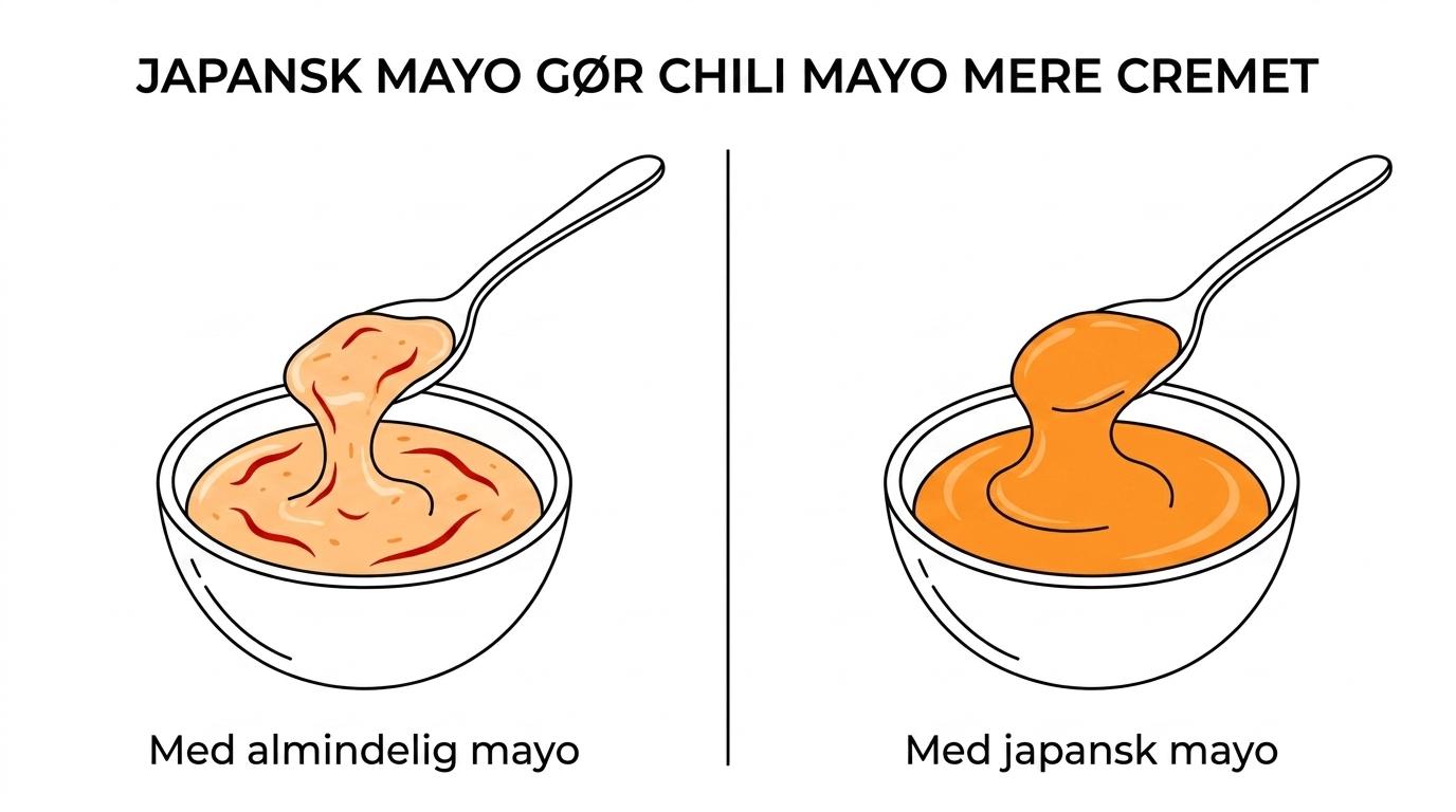 Side-by-side sammenligning af chili mayo lavet med almindelig mayo og japansk mayo, hvor den ene ser tyndere ud og den anden tykkere og mere blank.