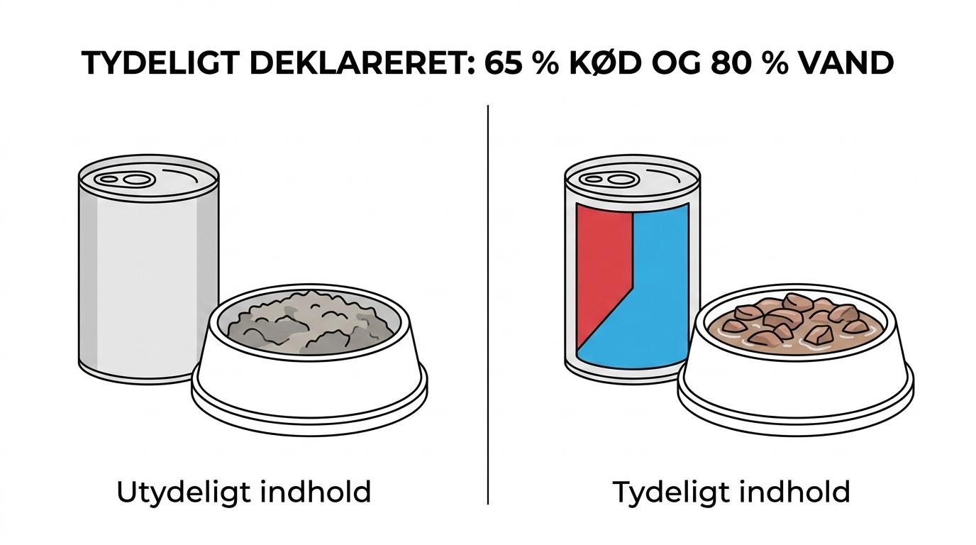 Side-by-side comparison of wet cat food minimum moisture at 60% versus a Thepets example with 80% water and 65% meat content.