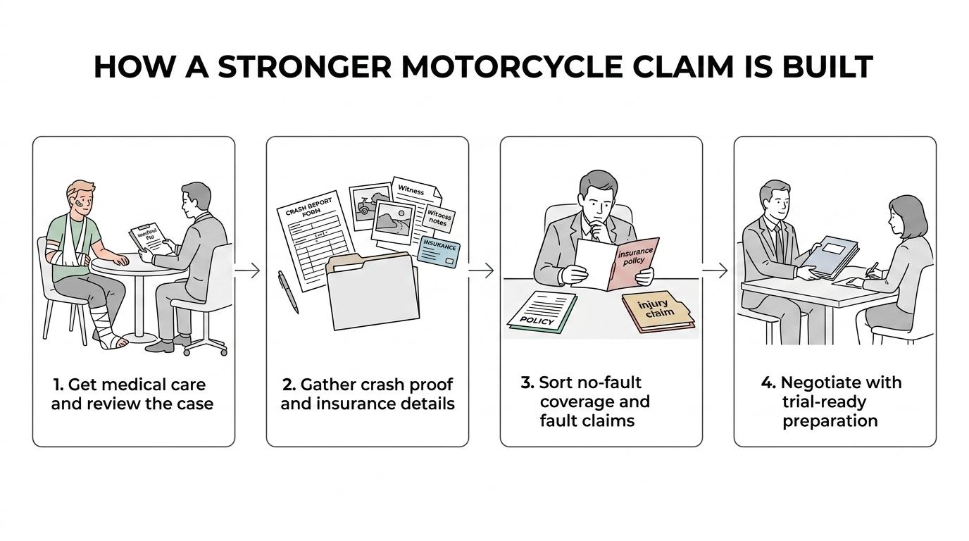 Flow diagram showing a Michigan motorcycle injury claim moving from medical care to evidence collection, no-fault review, claim filing, and negotiation backed by trial preparation.
