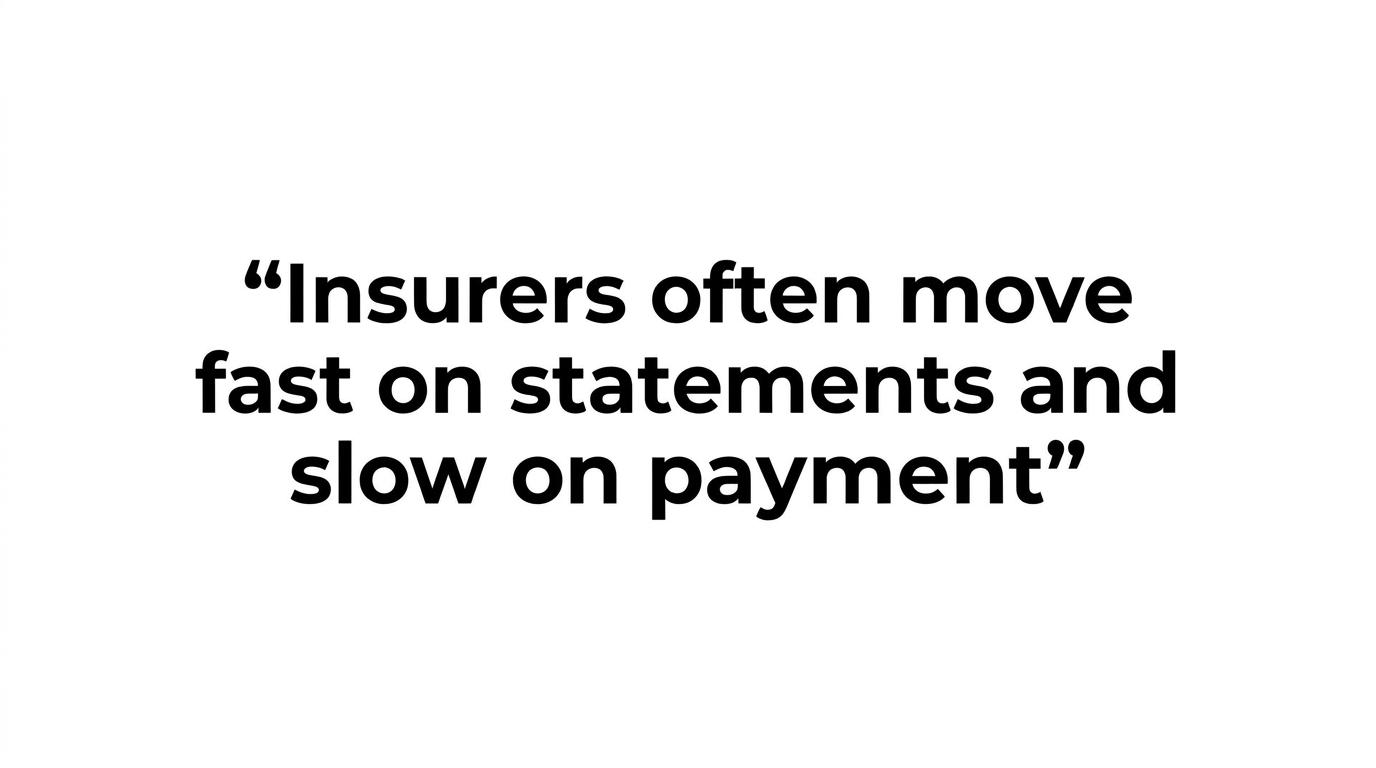 Typographic quote highlighting that insurers move fast on statements and slow on payment.