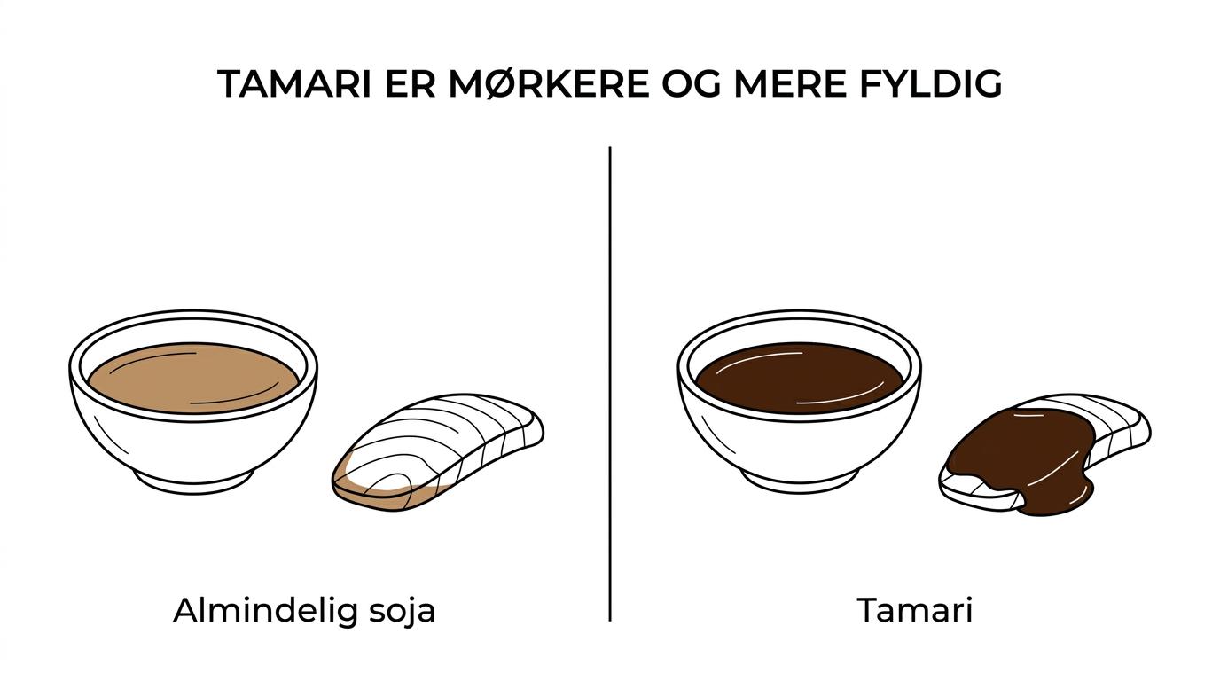 Sammenligning af tamari, koikuchi og usukuchi med forskelle i råvarer, smag, konsistens og typisk brug.