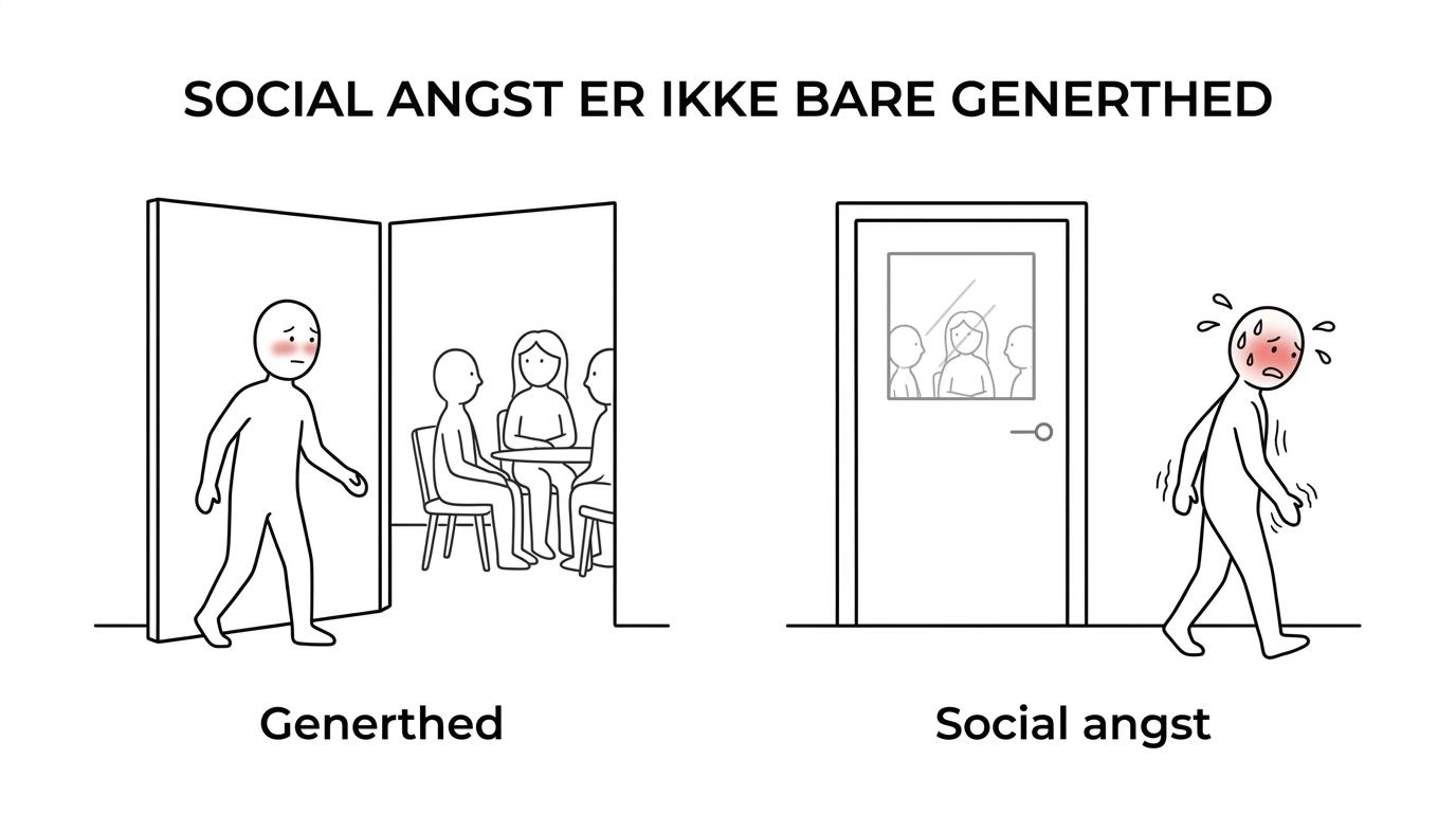 Sammenligning mellem almindelig generthed og social angst med forskelle i intensitet, kropslige symptomer, undgåelse og påvirkning af hverdagen.