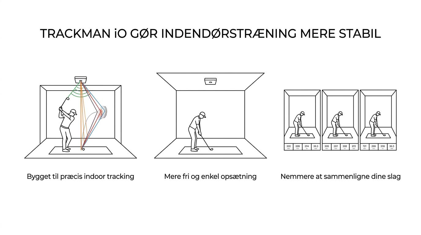 Oversigt over fem centrale fordele ved TrackMan iO til indendørs golftræning: loftmontering, ens opsætning, mere gulvplads, avanceret tracking og bedre sammenligning over tid.