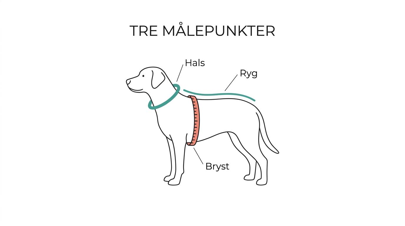 En hund set fra siden med markeringer for brystmål bag forbenene, halsmål ved basis af halsen og ryglængde fra manke til halerod.