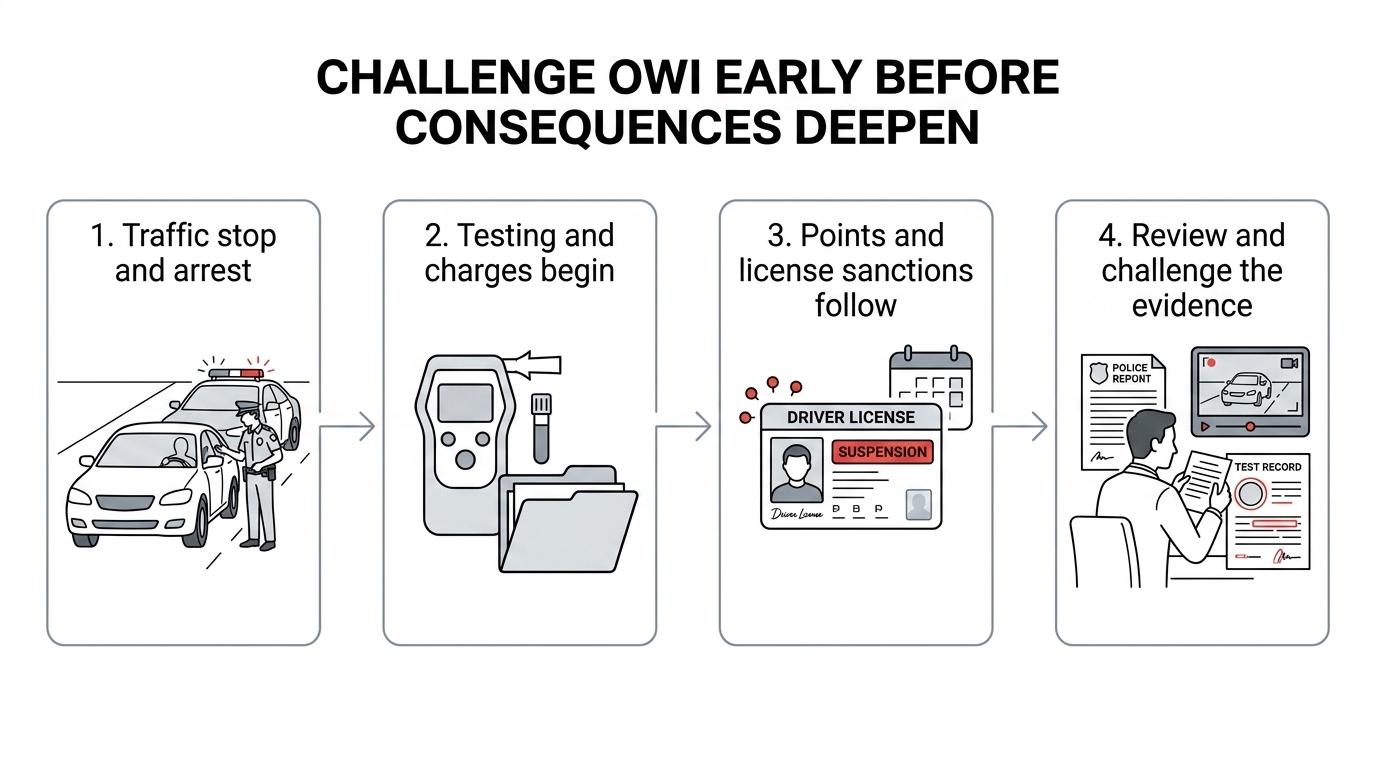 A step-by-step flow showing a Howell OWI case moving from traffic stop to arrest, testing, criminal charges, license consequences, and defense review.