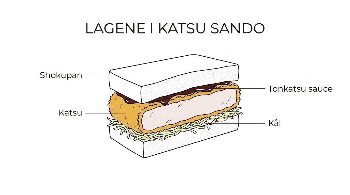 Labeled cross-section of a katsu sando showing shokupan, shredded cabbage, tonkatsu, and sauce.
