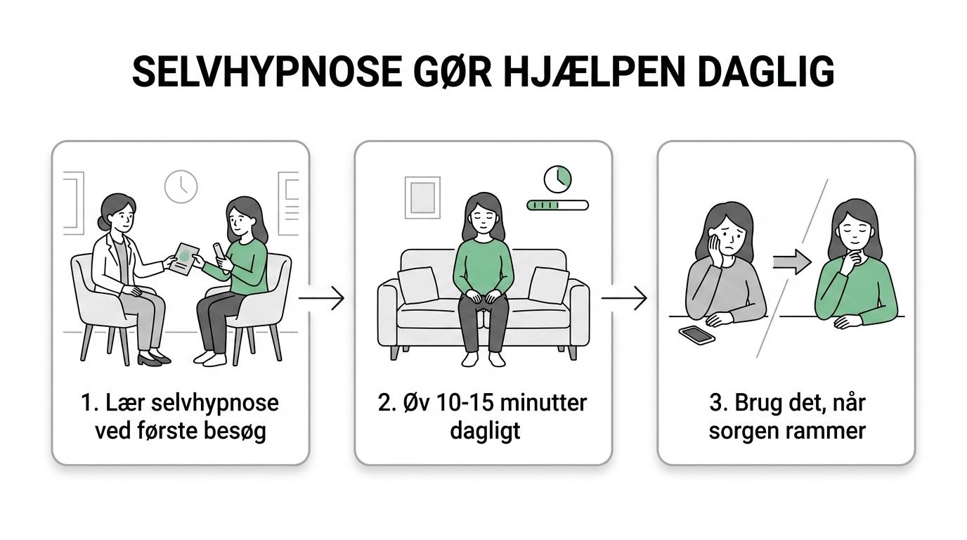 Klinik Careteam, hypnose mod kærestesorg nær Skive 1 A simple step-by-step visual showing hypnotherapy, daily 10–15 minute self-hypnosis, difficult trigger moments, and a calmer everyday state.