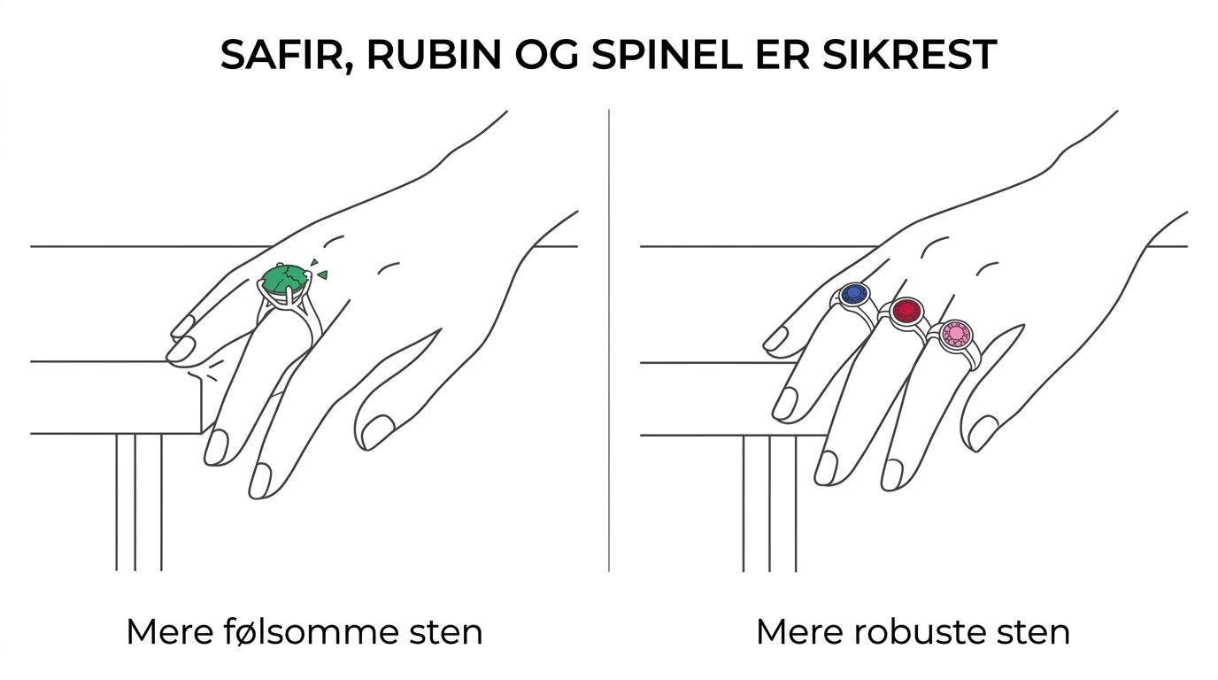 Sammenligning af safir, rubin, spinel, turmalin og smaragd som ringsten med fokus på holdbarhed til daglig brug.