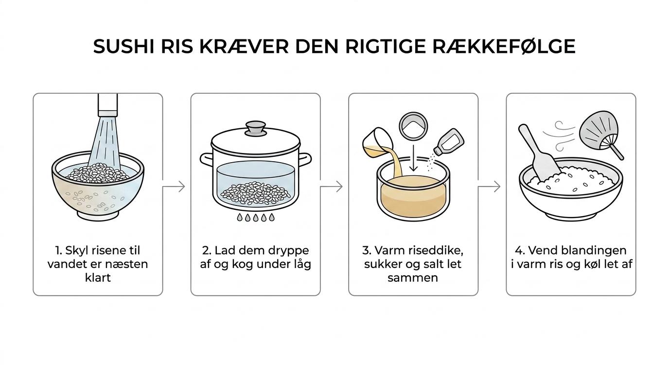 Process graphic showing sushi rice steps from rinsing and draining to simmering, resting, seasoning, and cooling.