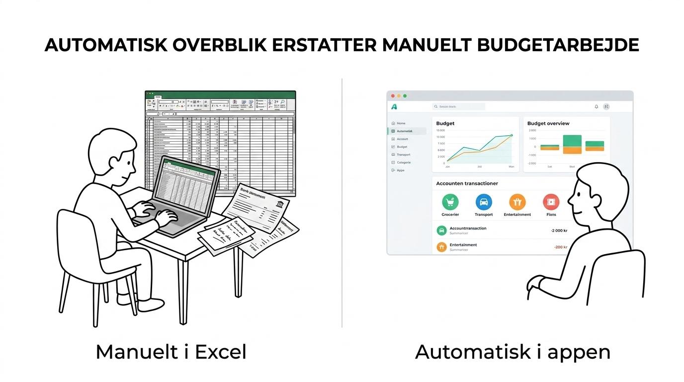 Side-by-side view of manual Excel budgeting versus My Money App with automatic transaction import, categorized spending, and a graphic budget overview.