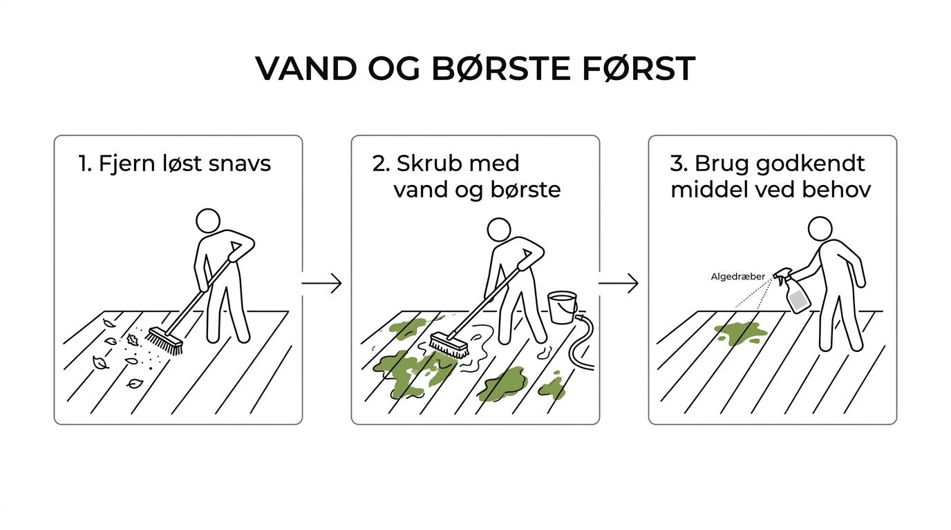 Trinvis visning af en træterrasse, der fejes, skrubbes med vand, behandles jævnt med godkendt algefjerner og kontrolleres igen efter nogle dage.