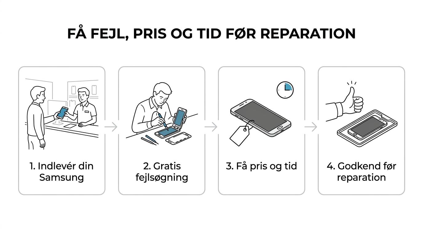 Fem trin fra indlevering af Samsung til gratis fejlsøgning, pris, godkendelse og færdig reparation.