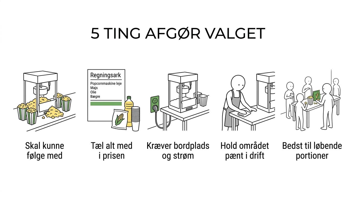 Oversigt over fem ting at tjekke før du lejer en popcornmaskine: kapacitet, pris, plads og strøm, rengøring og drift samt gæsteflow.
