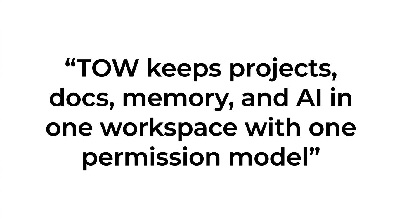 Highlighted quote that reads: TOW keeps projects, docs, memory, and AI in one workspace with one permission model.