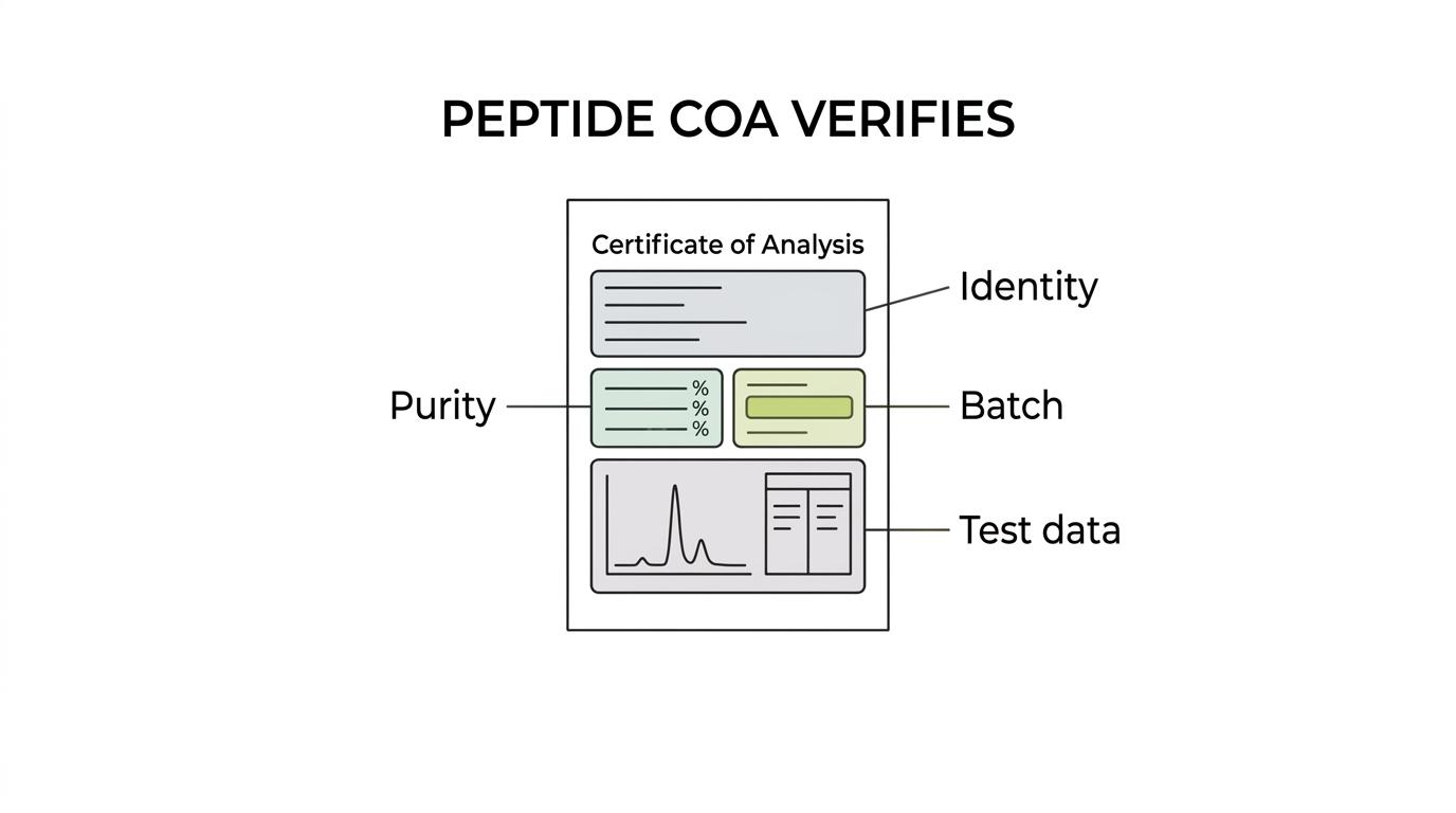 Annotated sample peptide certificate of analysis showing identity, purity, batch ID, chromatogram, testing method, and verification details.