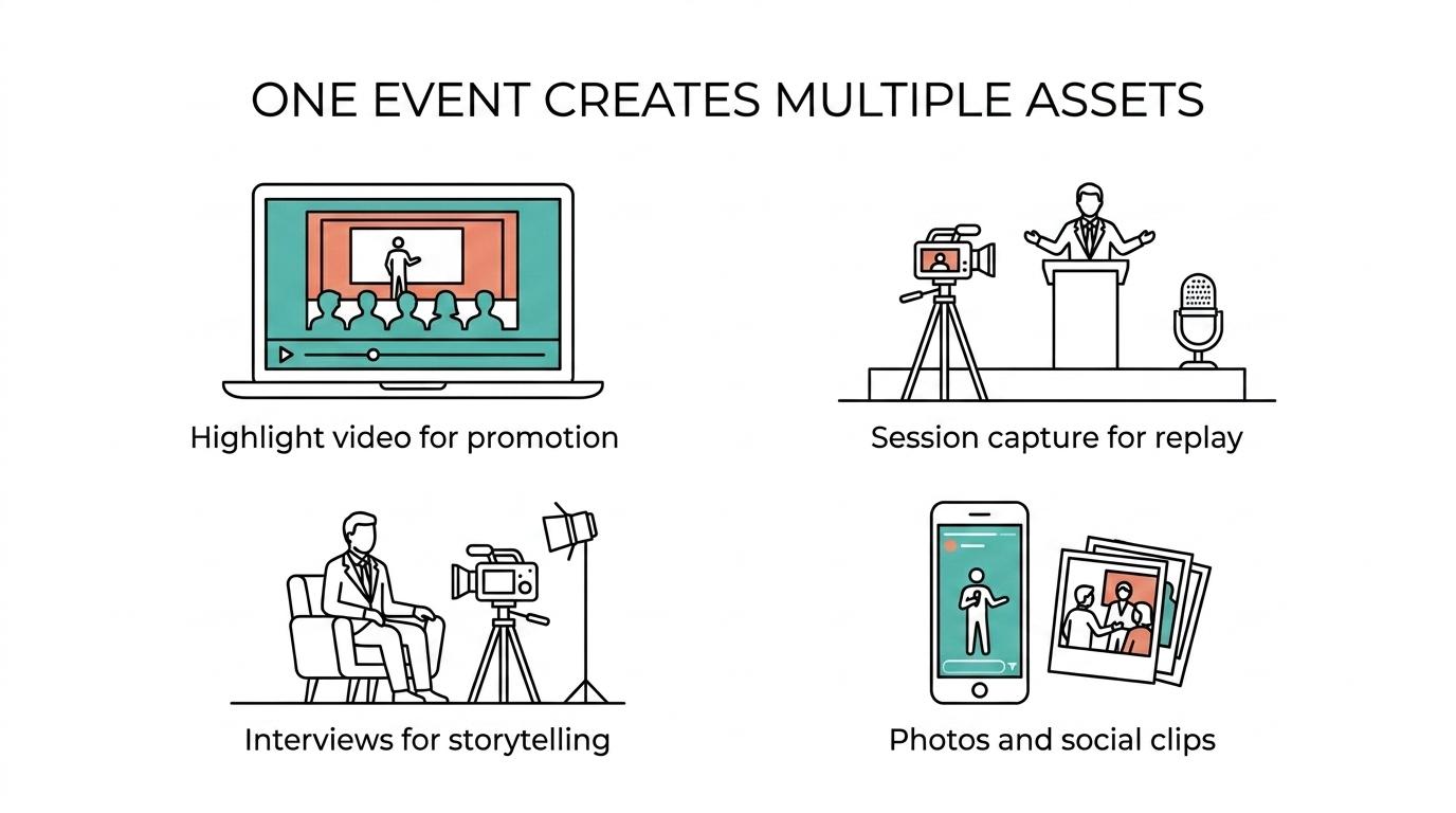 Diagram showing one corporate event connected to multiple outputs like highlight videos, session recordings, interviews, photography, social clips, and sponsor content.