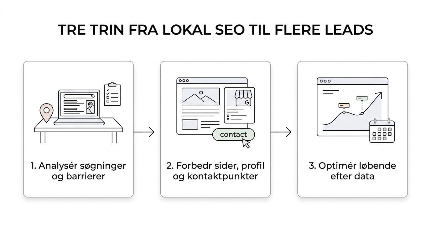 Tretrinsoversigt over Væksters SEO-proces: analyse, implementering og løbende optimering for lokale virksomheder i Randers.