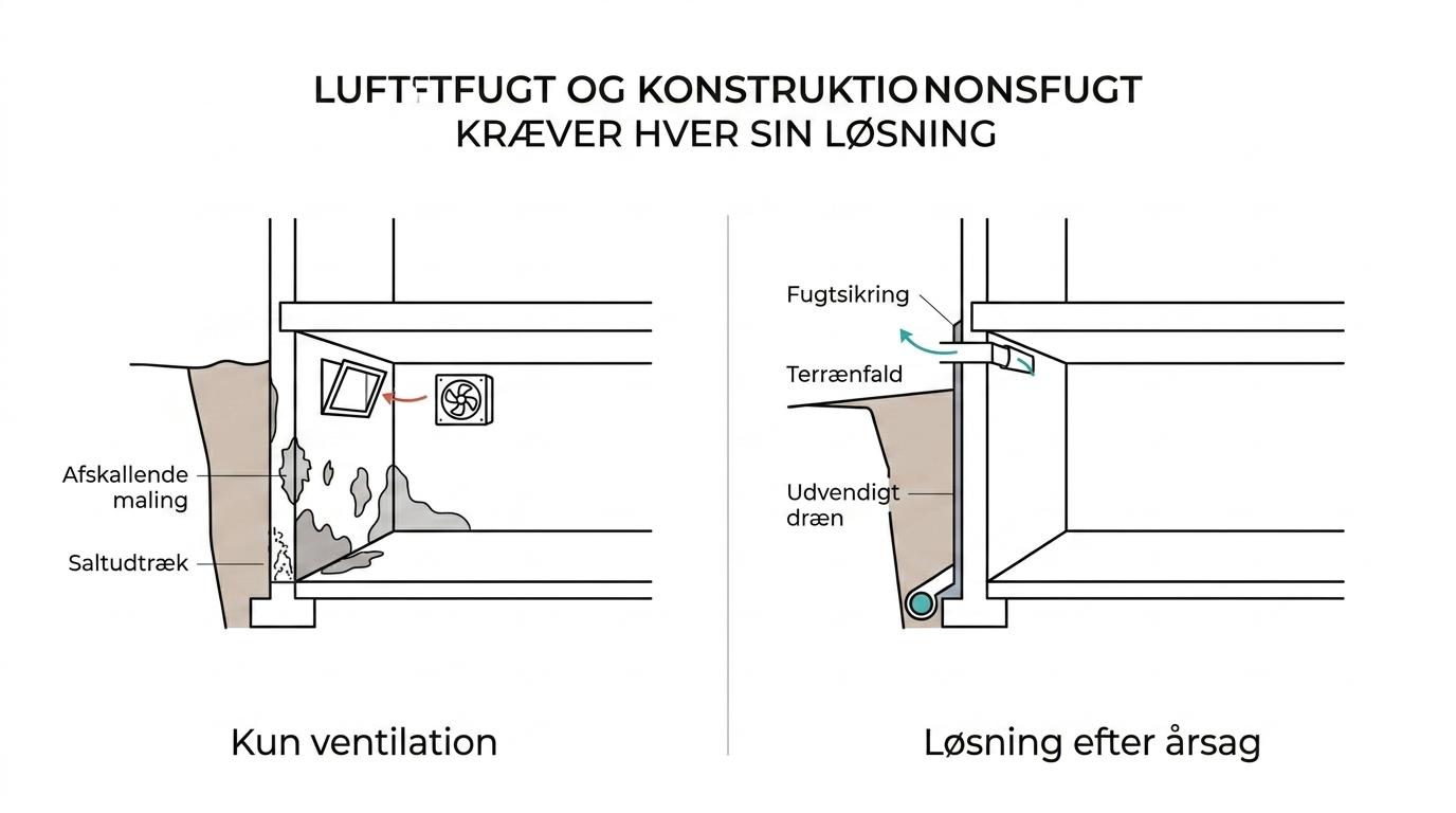 Sammenligning af to kælderproblemer: fugt i luften, som ventilation kan fjerne, og fugt i væggen fra jorden, som kræver konstruktive tiltag.