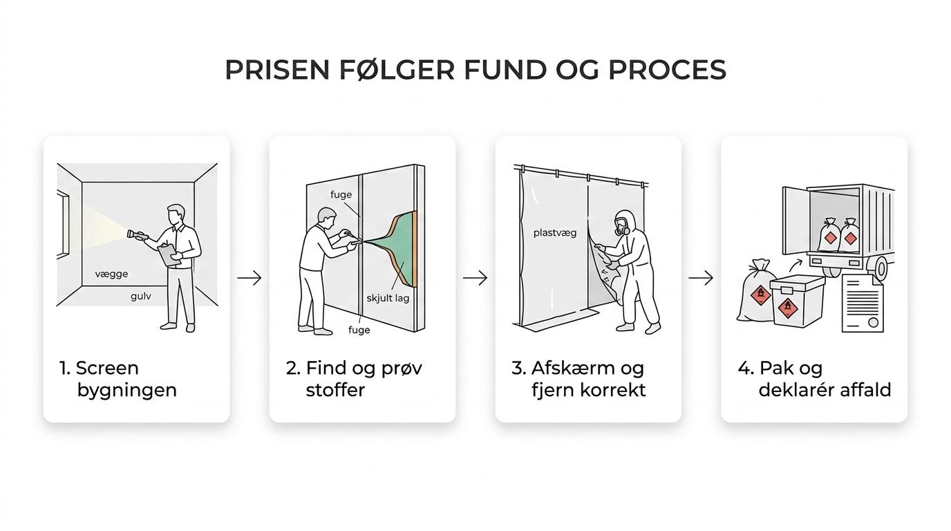 Flowdiagram over miljøsanering fra screening og kortlægning til affaldsanmeldelse, fjernelse og bortskaffelse.
