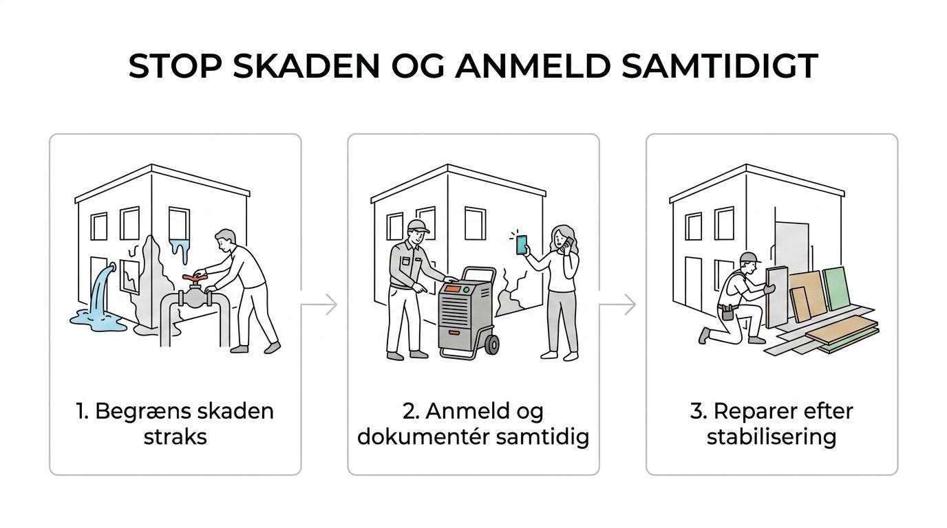 Procesvisual, der viser et skadesforløb fra akut skadebegrænsning til dokumentation, taksator og genopbygning med to parallelle spor.
