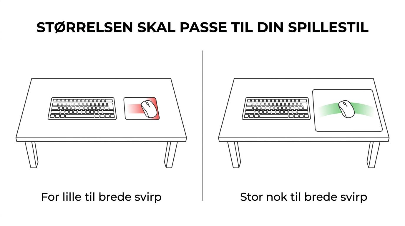 Sammenligning af gaming-musemåtte til FPS, MOBA og delt gaming-kontorbord med forskelle i bevægelsesplads og størrelse.